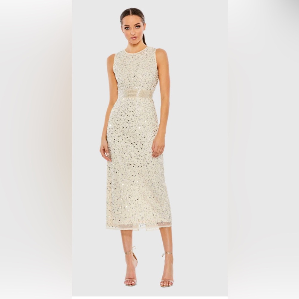 Mac Duggal Geometric Embellished Sleeveless Dress 93758 Nude Silver 16 NWT